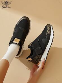 DESAI Women's Hook And Loop Sports Shoes, Letter Print Design, Fashion, Lightweight, Thick Sole, Casual Shoes, Niche, Shock-Absorbing, Versatile Chunky Sneakers - Black - View 5