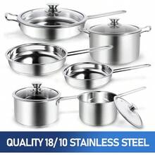 10-Piece Pots And Pans Set Stainless Steel Cookware Set- Includes Ergonomic Handle Saucepans Skillets Dutch Oven Stockpot Steamer And More - Premium Pots And Pans For Home Chefs - Bạc - Xem 7