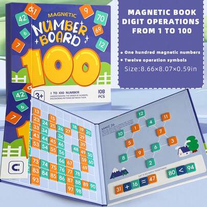 Juego magnético de tablero de dígitos 1-100 para niños: Juguete educativo de operaciones matemáticas 1-100 para niños de 3 a 8 años, tablero plegable con bloques digitales coloridos para aprendizaje en casa y viajes
