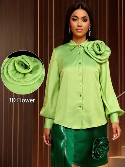 AOMEI Elegant Women's Lime Green Satin Shirt 3D Flower Shoulder & Puff Long Sleeve Button-Down Blouse Office Cocktail Party Top New Year's Eve