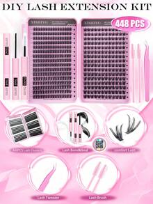 448pcs Lashes Clusters D Curl Individual Eyelashes, With Bond And Seal, Eye Brush, Tweezers Kit For Beginner Friendly, Soft And Natural Look Fake Lashes For Enlarge Eyes Makeup Beauty, Thick&Natural Fluffy Diy Segmented Lashes - Multicolor - View 3
