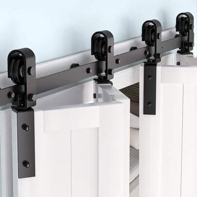 52" Bi-Folding Sliding Barn Door Hardware Track Kit For 4 Closet Door, Heavy Duty Bi Fold Barn Door Hardware Fit Four 12" Bi-Folding Doors, Side Mounted Roller, Smoothly Quietly Easy Install, No Door