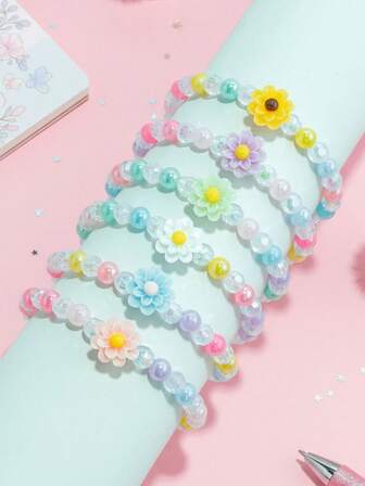 6 st/set Blommiga pärlarmband för barn, slumpmässig färg