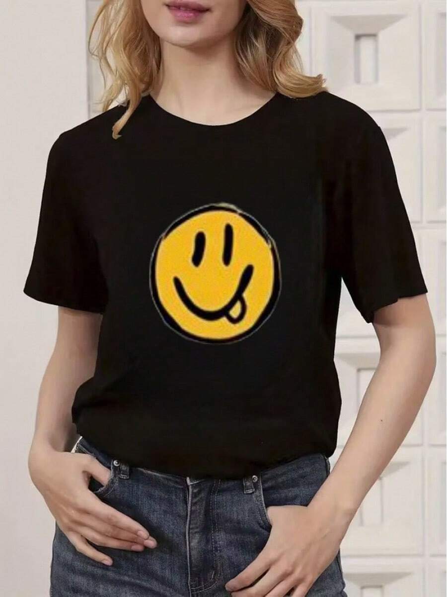 Women's  Irregular Textured White Circle Print T-Shirt, Loose-Fit Short-Sleeve Top For Casual Style - màu đen - Xem 1