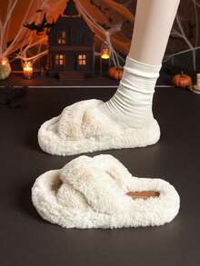 2 piezas Pantuflas suaves y esponjosas para mujer, pantuflas cómodas con diseño cruzado para usar dentro y fuera de casa, adecuadas para Halloween, invierno - Blanco - Ver 1