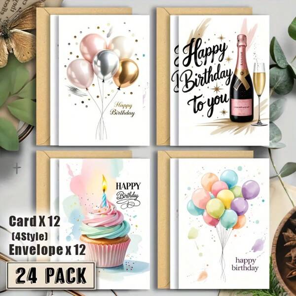 Conjunto de 24 cartões de aniversário com envelopes, incluindo 24 balões em aquarela e um bolo de aniversário. Ideal para qualquer ocasião, como Natal, agradecimento, parabéns e para expressar saudades.