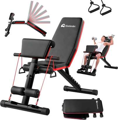 Bluelander Banco de Ejercicio 105*48.5*138 cm, Banco para Ejercicio Multifuncional 12 en 1, Capacidad de 310 kg, Incluye 2 Ligas, Ajuste de 7 Niveles, Ideal para Casa, Gym, Oficina, Respaldo Acolchado
