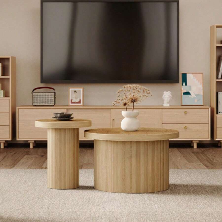 Coffee Table, Double Round Table, Side Table With Natural Wood Slats. Multifunctional Living Room Table. - Natural Walnut Wood Color - View 1