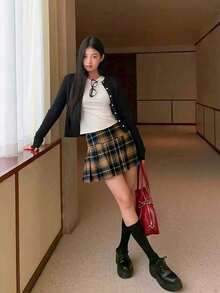 棕黑色格纹百褶A字高腰半身裙，显瘦廓形，适合上学、通勤，日式学生风春季单品 - 咖啡棕 - 查看 4