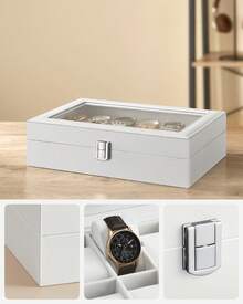 Caja de Relojes con 12 Compartimentos, Estuche de Relojes con Tapa de Cristal, Cojín Extraíble, Cierre Metálico, Regalo, Cuero Sintético Blanco y Forro Blanco - Blanco - Ver 2