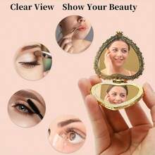 1pc/2pcs Portable Heart-Shaped Folding Makeup Mirror With Cute Fabric Case & Printed Pattern - Double-Sided Cosmetic Mirror, Ideal Gift For Women, Girls, Mothers, Friends & Wives, Compact Mirror, Vanity Mirror For Home, Travel