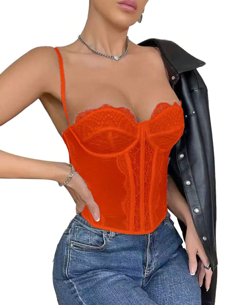 1 chiếc áo croptop ren kiểu corset, áo kiểu gợi cảm dành cho nữ dự tiệc đêm, có khóa cài. - trái cam - Xem 1