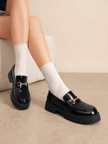 Women Casual Loafers Platform 1.57-Inch Chunky Heels Slip On Comfortable Business Commute Preppy Dress Loafers Shoes - 黑色 - 查看 2