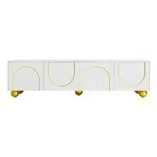 TV-Schrank, lowboard mit strukturierten Türen, goldenen Verzierungen, goldenen runden Beinen, inklusive Einlegeböden, push-to-open - Blanc + Particules - Voir 8