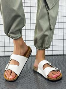 New Fashionable Casual Soft Cork Sole Men's Adjustable Soft PU Leather Slip-On Slippers, Anti-Slip, Lightweight, Comfortable Indoor/Outdoor Sandals - White - View 4