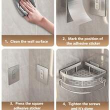 1 Bathroom Corner Shelf, Made Of Space Aluminum, No-Drilling Required. It Is A Triangular Wall-Mounted Shelf For The Bathroom, Toilet, Washstand, And Restroom Corner. Color: Silver. Bathroom Accessories Bathroom Tools