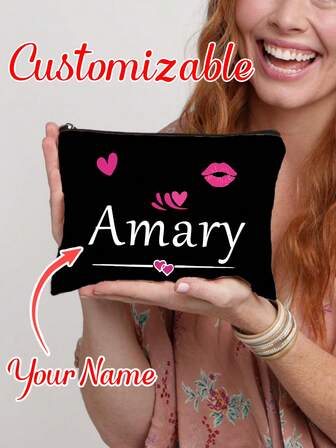 1pc Personalized Name Heart-Shaped Makeup Bag, Washable, Women's Portable Cosmetic Pouch, Zipper Travel Storage Box, Lightweight & Foldable, Suitable For Daily Use, Birthday, Holiday, Back To School, Summer, Beach, Travel, Commute, Student, Picnic, Camping, Daily Organization