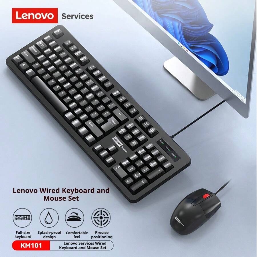 Lenovo KM101 Keyboard And Mouse Combo: Wired Mouse, Ergonomic Flat Keycaps, Laser-Printed Characters That Won't Wear Off, Plug-And-Play USB, Suitable For Students, Office And Home Use - Black - View 1