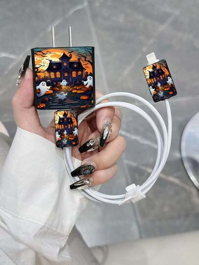Halloween House Ghost & Pumpkin Charger Protector Case Kit For Phone 18W/20W Adapter Cover With Cable Protector Compatible With Phone 13/14/15 - Charger Protective Case Set As Halloween Gift
