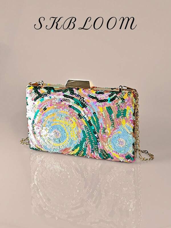 Borsa clutch da sera alla moda e glamour con paillettes multicolore e motivo casuale, ricamo scintillante e tracolla a catena dorata - borsetta scintillante e chic per feste, matrimoni, balli, uscite serali e occasioni speciali
