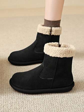 Bottes de neige femme à col haut et moelleux de couleur unie, bottes courtes d'étudiant à fond plat et épais, décontractées avec fermeture éclair latérale, chaussures d'hiver sport, bottes fourrées