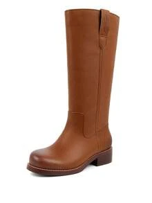 Women Campus Knee High Boots Square Toe Riding Boots Vintage Pull On Riding Boots Wide Calf Boots Chunky Block Low Heel Moto Boots - 棕色 - 查看 4