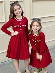 Young Girl Vacation Fashion Pearl Decor Round Neck Long Sleeve A-Line Knit Sweater Dress, Comfortable & Soft, Suitable For Daily, Outdoor, Travel, Vacation, Home, Daycare, School Wear, Spring/Autumn/Winter