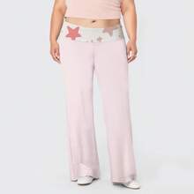 Plus Size Light Pink Star Pattern Flare Pants, Soft Fabric Elastic Waist,  Casual Daily Wear Trousers For Women - 粉色 - 查看 5