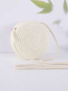 1 pezzo Mini borsa a tracolla per bambine in materiale di paglia con fiocco in rete, chiusura con cerniera, tracolla in corda di cotone, adatta per spiaggia e uso quotidiano, borsa portamonete casual