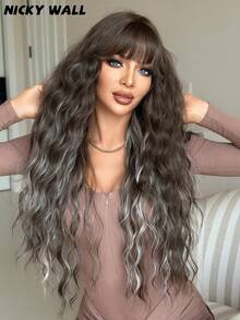 NICKY WALL 36英寸超长波浪棕白挑染长卷发假发，女士款，蓬松亮丽，带刘海，适合派对和日常佩戴。