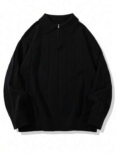 LOOKUN Solid Color Loose Casual Crew Neck Long Sleeve Sweater, Fashionable High Street Streetwear, Warm And Comfortable American Oversized Design, Stylish Polo Collar Top