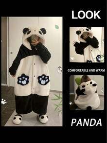 熊猫连帽睡袍，冬季保暖女士连帽长款毛绒睡袍，秋冬卡通印花涤纶睡衣，长袖，拉链，略带弹性 - 舒适毛绒角色扮演服装，理想的节日礼物，舒适的浴袍采用耐用的珊瑚绒面料制成，温暖的冬季装饰 - 彩色 - 查看 7