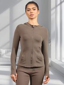 Women's Hooded Long Sleeve Sports Jacket With Thumbholes With Pockets, Breathable Athletic Casual Pullover, Sportswear, Fitness Clothing, Yoga Jacket, Fitness Clothing, Long Sleeve Cycling Sweatshirt, Women's Outdoor Sports Running Tops, Women's Yoga Hoodie Suitable For Running, Fitness, Yoga, Everyday Leisure - Cà phê nâu - Xem 4