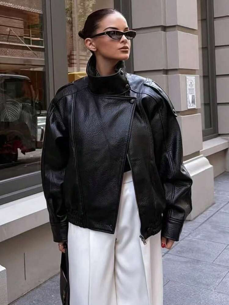 Jaqueta de Couro Solta Feminina para Outono e Inverno, Jaqueta de Motocicleta de Moda de Rua, Cor Sólida com Bolsos com Zíper Preto - Preto - Visão 3