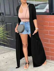 EARO Plus Size Women Casual Solid Color Dual Pocket Long Lightweight Open Front Jacket, Comfortable Daily Versatile Windbreaker Coat, Spring/Autumn - Black - View 7