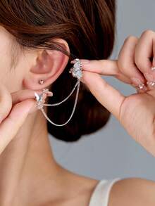 Nooxian 2pcs Butterfly Tassel Zirconia Ear Cuff & Stud Earrings Set (No Gift Box), Women Earring Sets - Silver - View 5
