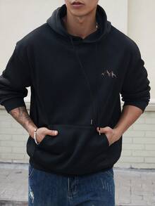 Sudadera con capucha de manga larga con estampado de silueta de montaña, versátil para deportes casuales y viajes, forro térmico para hombre