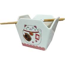 Chinese Takeout Box Style Porcelain Bowl With Chopsticks Lucky Cat Maneki Neko Design 18 Fl Oz Square Shape, Medium, White/Red, BCH54-100,26646695 - 青檸色 - 查看 2