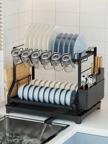 1个双层碗碟沥水架，厨房大号双层不锈钢碗碟架，可折叠防锈碗碟架，黑色 - 彩色 - 查看 2