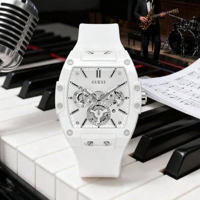 Guess Phoenix GW0203G6 Multifunktions-Herren-Quarzuhr mit gelbem Silikonarmband und schwarzem Tonneau-Zifferblatt, Lässig-Uhr für den täglichen Street-Style, sportlichen Stil, stilvolles Geschenk für Männer und Freund