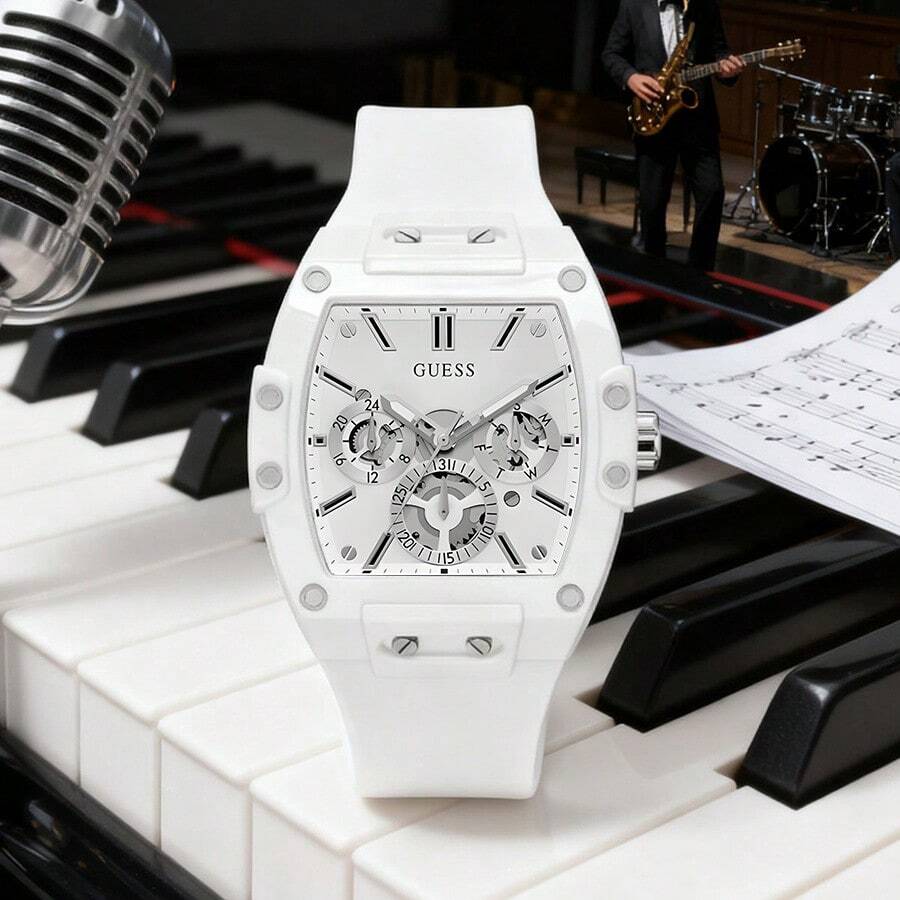 Guess Phoenix GW0203G6 Multifunktions-Herren-Quarzuhr mit gelbem Silikonarmband und schwarzem Tonneau-Zifferblatt, Lässig-Uhr für den täglichen Street-Style, sportlichen Stil, stilvolles Geschenk für Männer und Freund