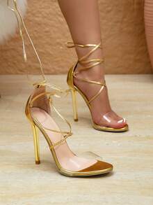 Sandalias de tacón de aguja con cordones y punta abierta para mujer, adecuadas para fiestas, banquetes, el trabajo y otras ocasiones, atuendos de primavera y verano - Dorado - Ver 4