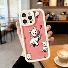 Cubierta de telefono con borde negro y parte trasera roja con estampado de perros blancos comiendo fresas diseño divertido para uso diario en cafeterias y salones Aplicable a los teléfonos de la serie Apple y Galaxy - Café integral - Ver 4