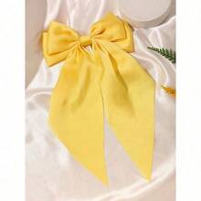 1pc Solid Color Satin Hair Clip With Ribbon Streamers And Large Bowknot, Versatile Hair Accessory For Women Valentine's Day Claw Clips Hair Claws Hair Barrettes, School Stuff, Elegant, College, Winter Outfit For Women, Bows, Cute - 黃色 - 查看 4