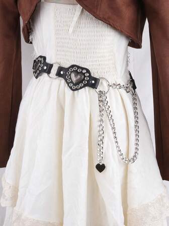 Cinturón de vaquera occidental para mujer, nuevo diseño americano vintage con parches en forma de corazón, cadena y remaches, versátil para vaqueros, estilo Ins