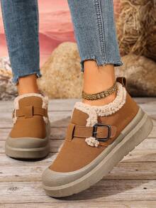 1 Pair Women's Korean Style Snow Boots, Buckle Design, Low-Top Short Plush Winter New Outdoor Snow Boots, Cold-Resistant, Anti-Slip, Wear-Resistant - Khaki - View 5
