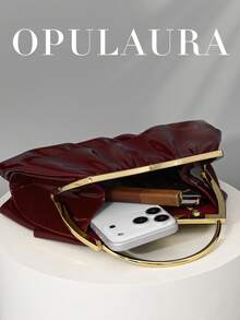 OpulAura 女士优雅迷人蛋糕裙造型真皮手拿包，荷叶边设计，适合正式晚宴场合，配有链条，花瓣形状随机 - 酒紅色 - 查看 3