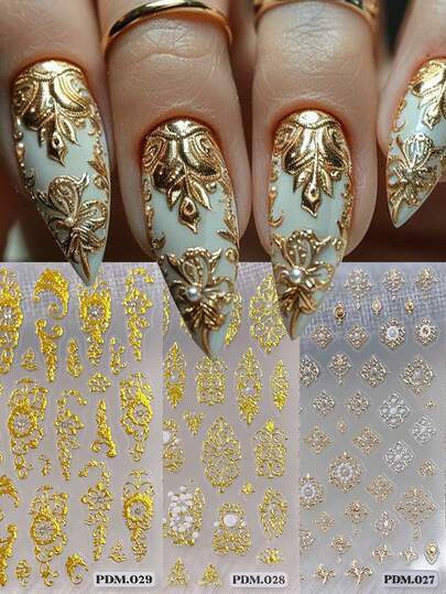 Set di adesivi per arte di unghie 5D con foil dorato, fiori bronzati dorati e argentati, autoadesivi, pizzo metallico, design elegante con rose da matrimonio, con cuori, fiori e altro per manicure fai-da-te