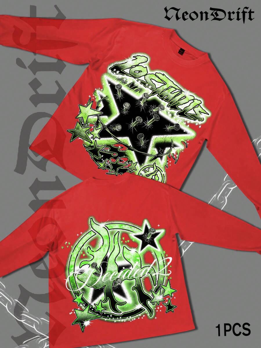 NeonDrift Double-Sided Printing Halloween, Christmas, Thanksgiving Gifts-Glowing Neon Graffiti T-Shirt - Vibrant Green Design For Urban Streetwear Enthusiasts, Perfect For Festivals And Nightlife,  Graphic Tee With Bold Artwork - Đỏ - Xem 1