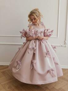 Young Girl's Pink Patchwork Bow Puff Sleeve Dress, Elegant Party Gown, Princess Dress Suitable For Girls' Birthday Party, Flower Girl Wedding, Bridesmaid, Prom, Luxury Evening Dress, Easter, Graduation - Pink - View 4